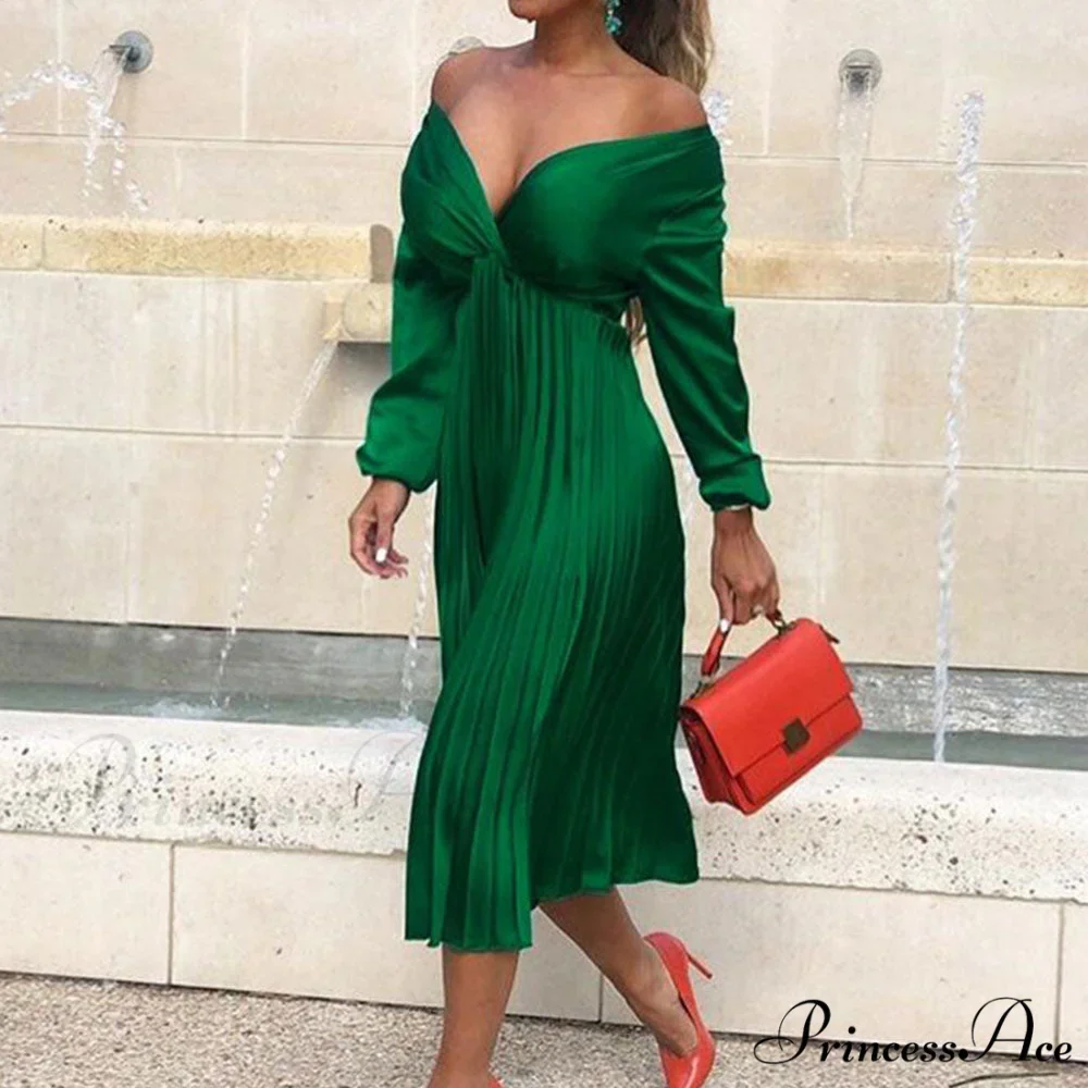 Elegant Off Shoulder V Neck Satin Pleated Midi Dress - Image 4