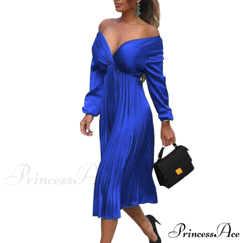 Elegant Off Shoulder V Neck Satin Pleated Midi Dress - Image 5