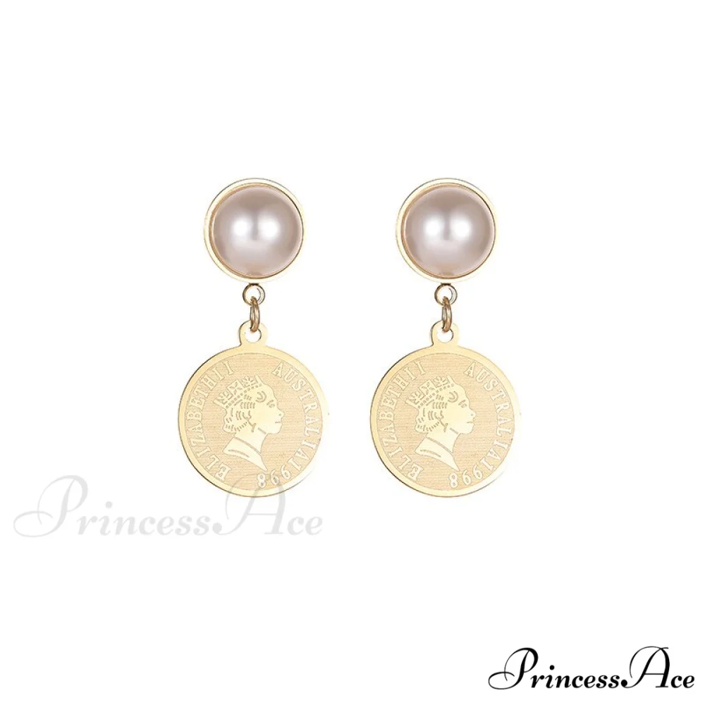 Stainless Steel Pearl Embossed Portrait Coin Pendant Earrings - Image 3