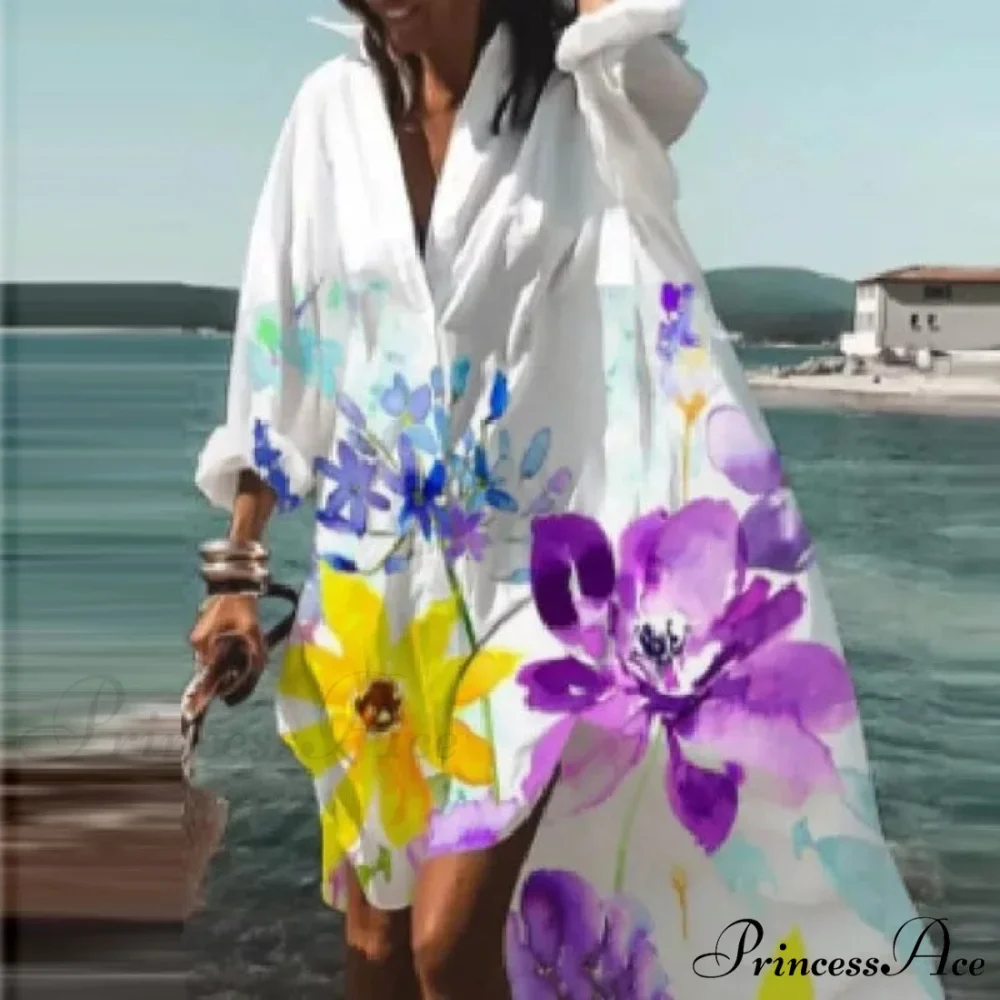Print V-neck Long Sleeve Loose Dress - Image 12
