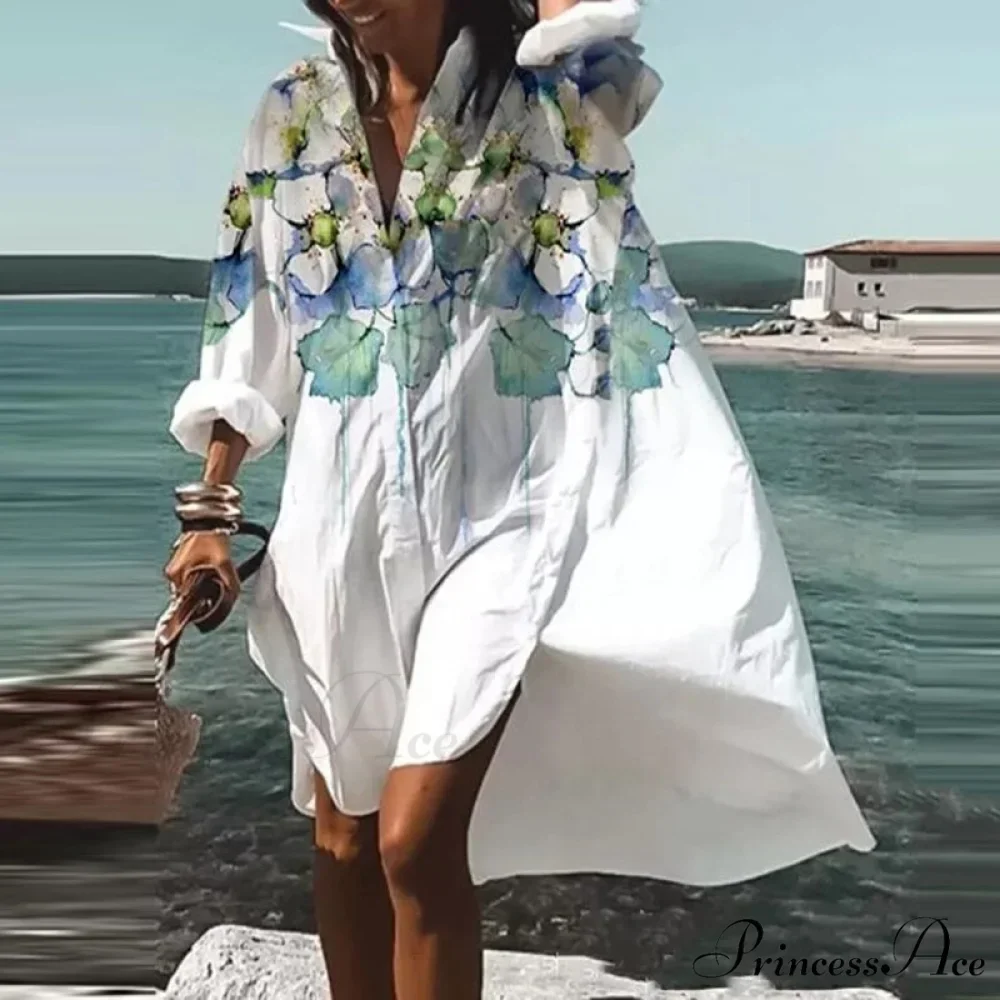 Print V-neck Long Sleeve Loose Dress - Image 13