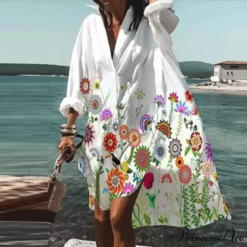 Print V-neck Long Sleeve Loose Dress - Image 15