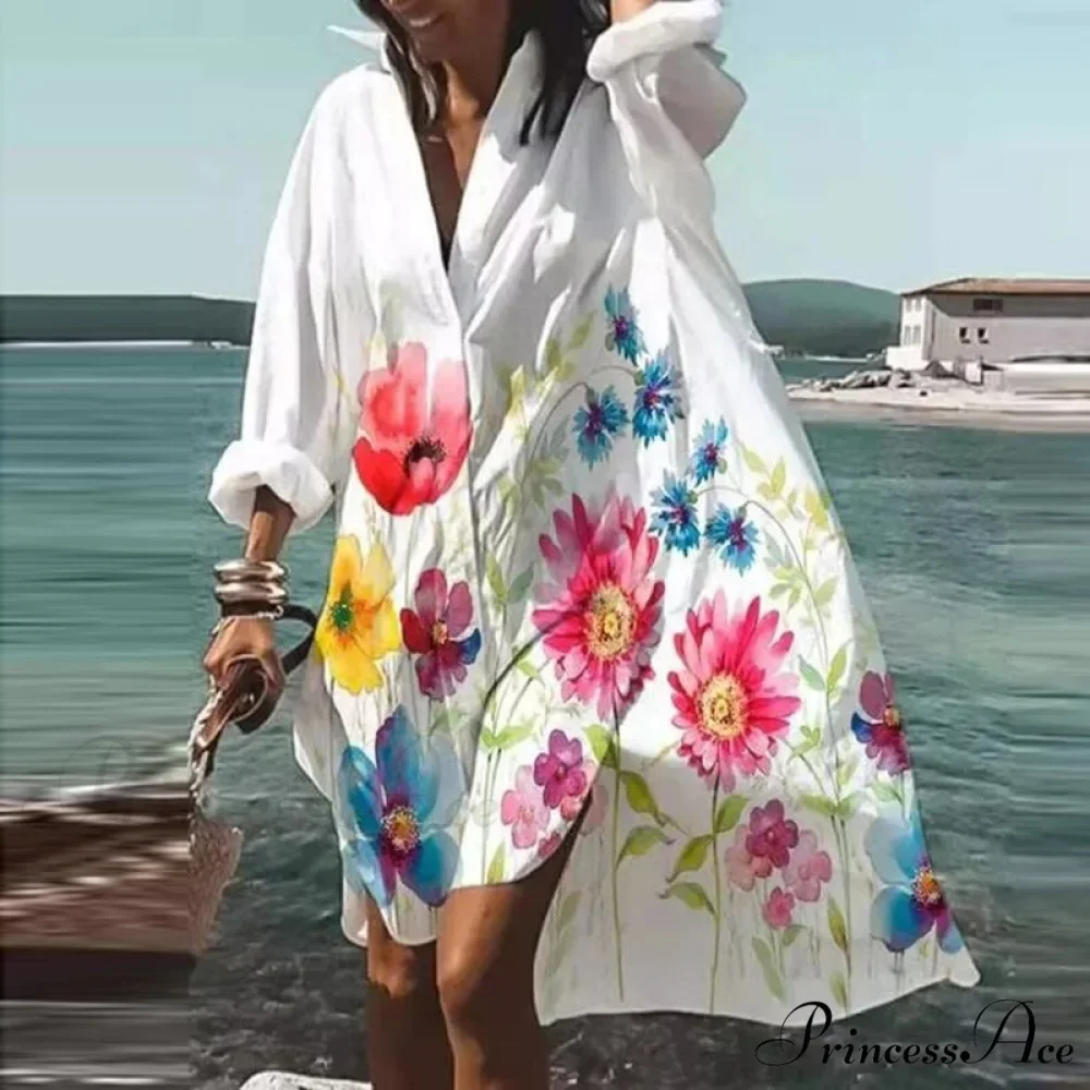 Print V-neck Long Sleeve Loose Dress - Image 17