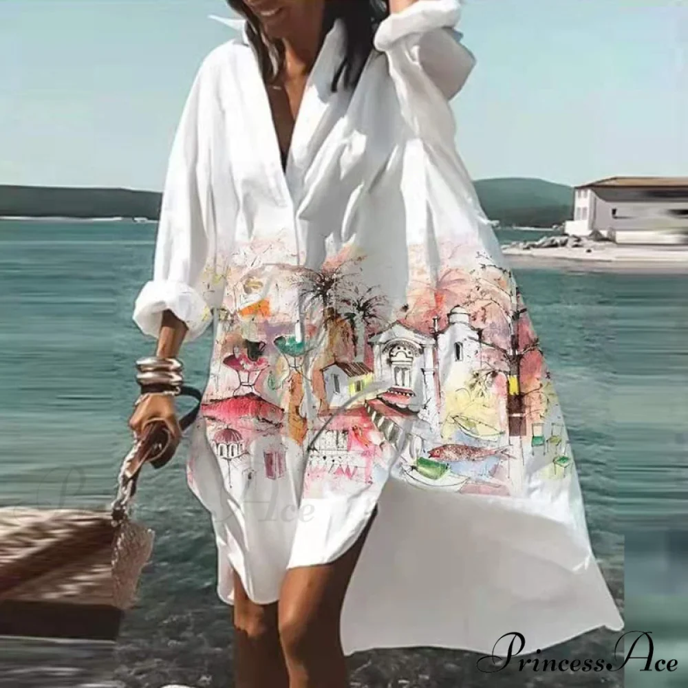 Print V-neck Long Sleeve Loose Dress - Image 5
