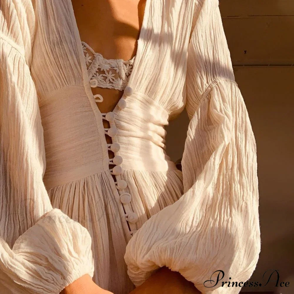 Romance V Neck Single-breasted Long Sleeve Maxi Dress - Image 2