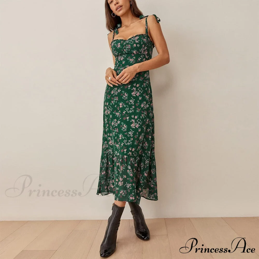 Elegant Vintage Floral Neck Sleeveless Strap Dress - Image 14