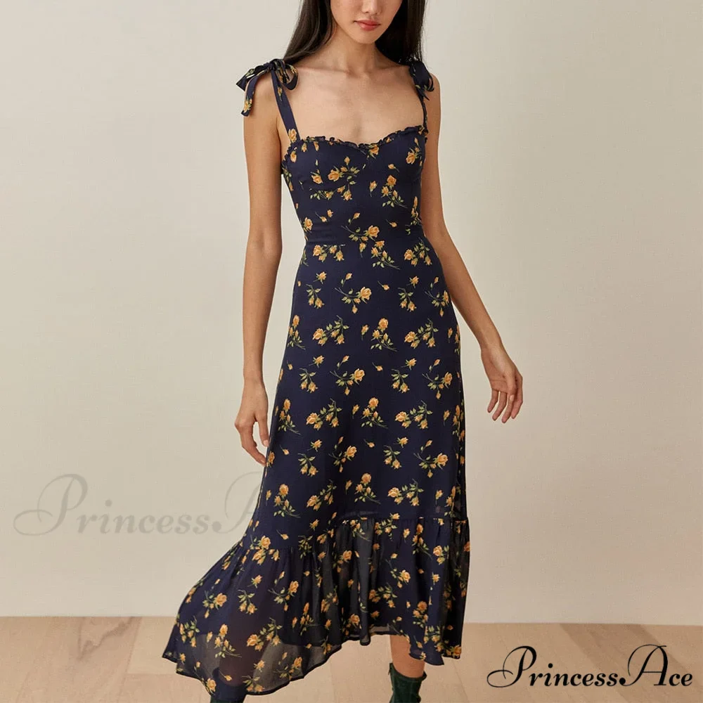 Elegant Vintage Floral Neck Sleeveless Strap Dress - Image 16