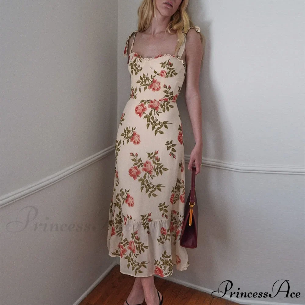 Elegant Vintage Floral Neck Sleeveless Strap Dress - Image 2