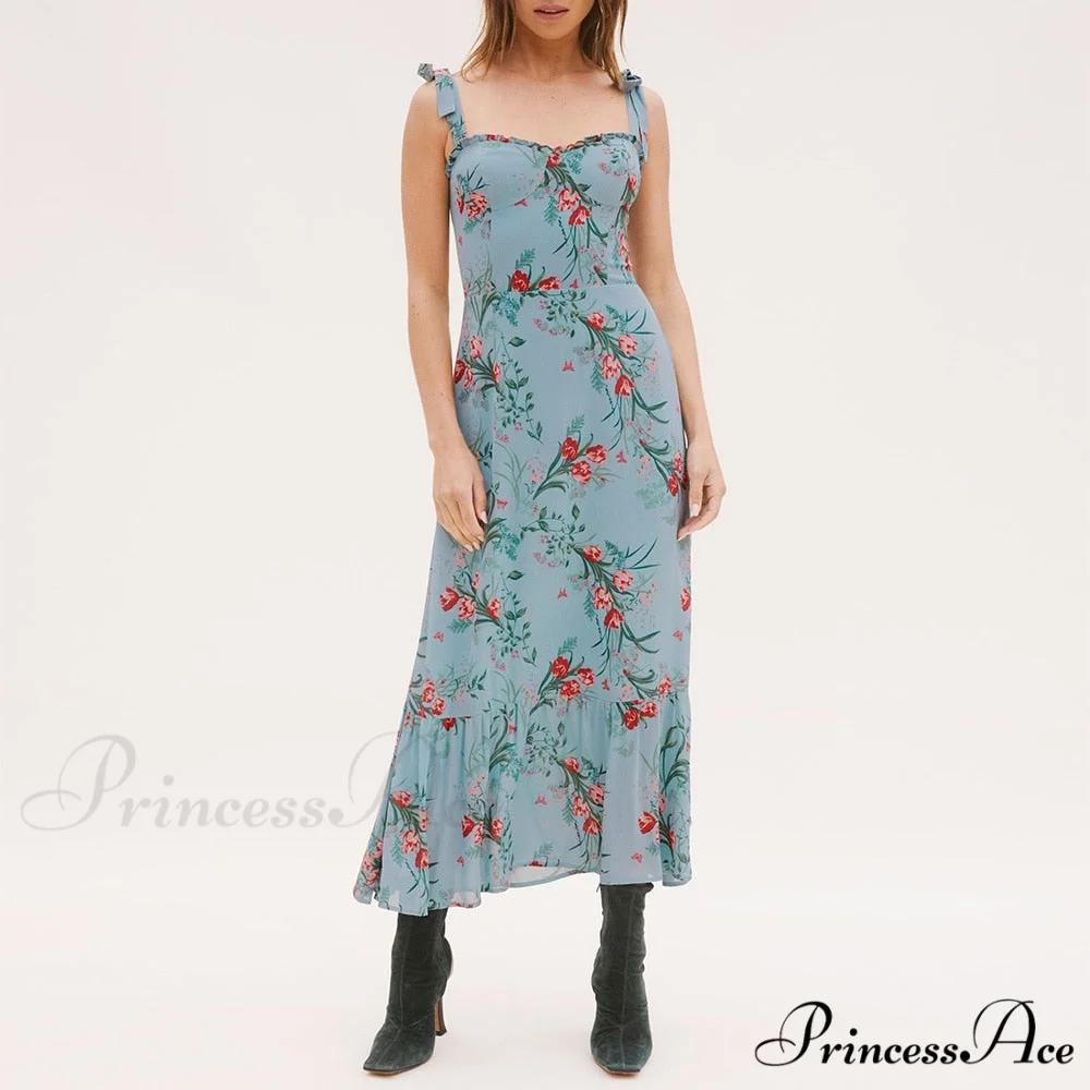 Elegant Vintage Floral Neck Sleeveless Strap Dress - Image 4