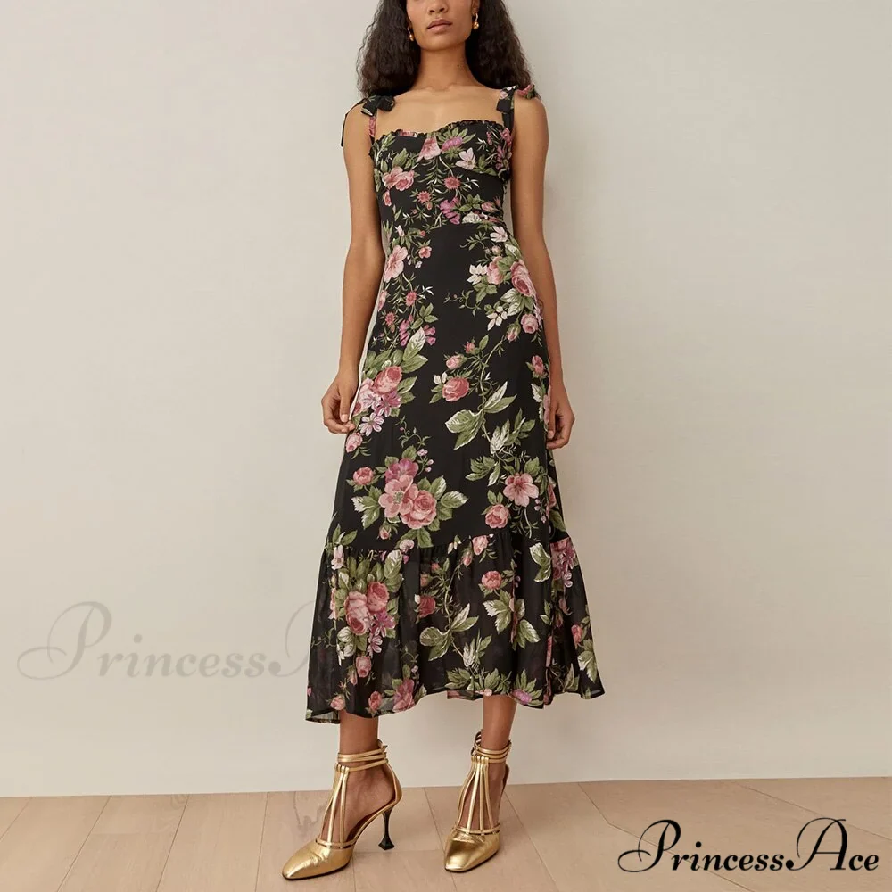 Elegant Vintage Floral Neck Sleeveless Strap Dress - Image 5