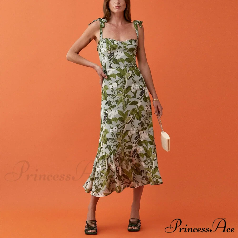 Elegant Vintage Floral Neck Sleeveless Strap Dress - Image 7