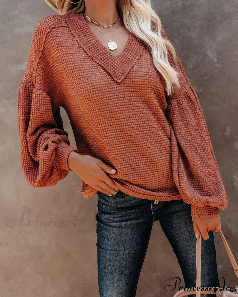 Autumn Knit V-Neck Long Lantern Sleeve Casual Sweater - Image 10