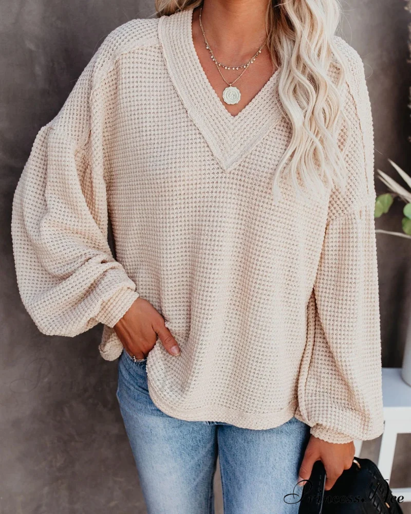 Autumn Knit V-Neck Long Lantern Sleeve Casual Sweater - Image 16