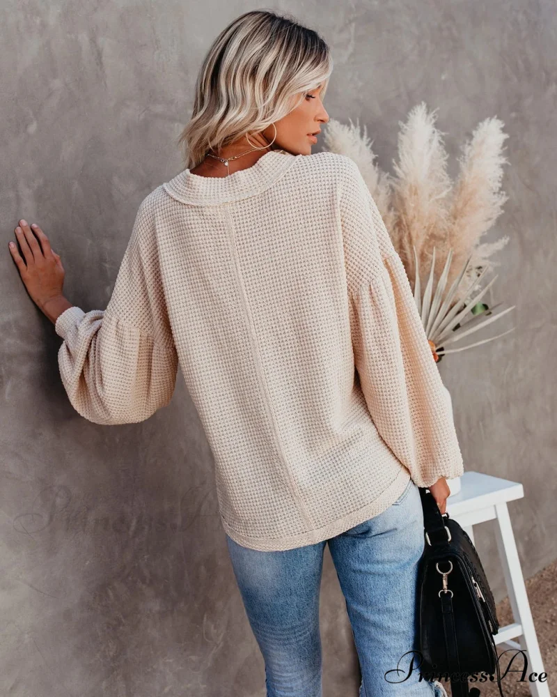 Autumn Knit V-Neck Long Lantern Sleeve Casual Sweater - Image 18
