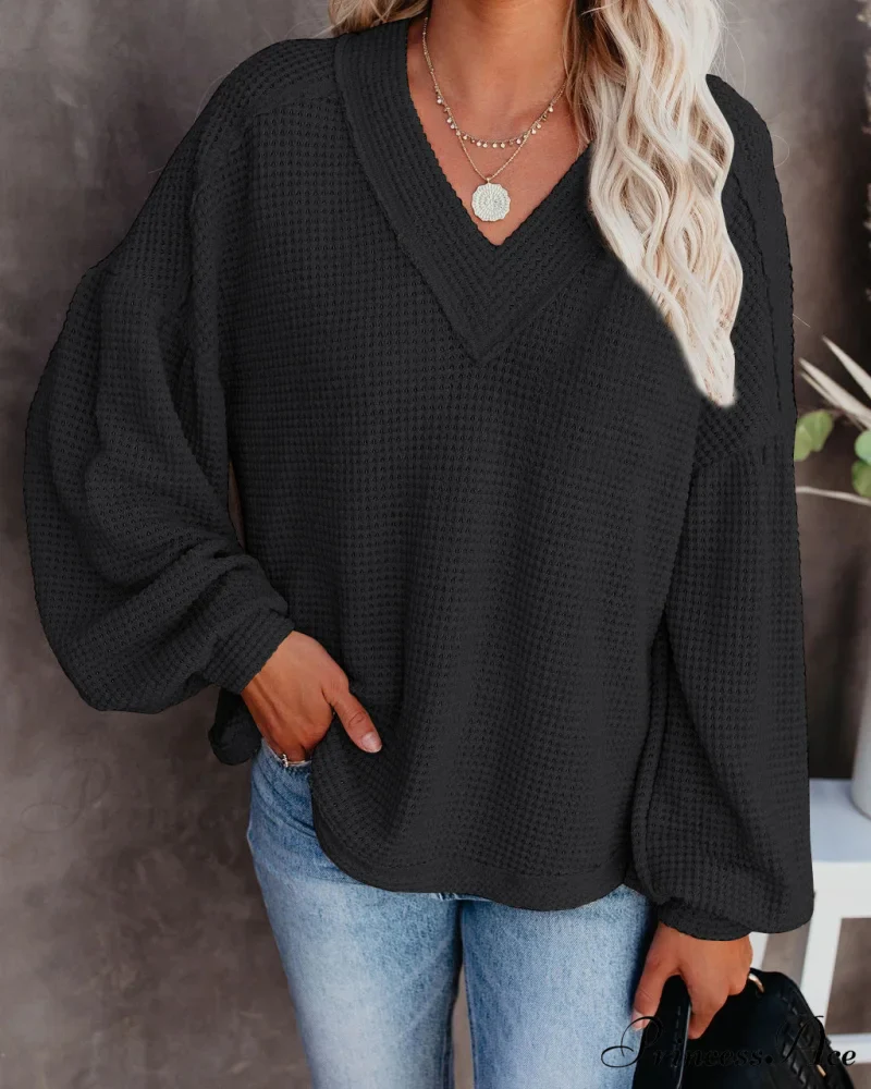 Autumn Knit V-Neck Long Lantern Sleeve Casual Sweater - Image 24