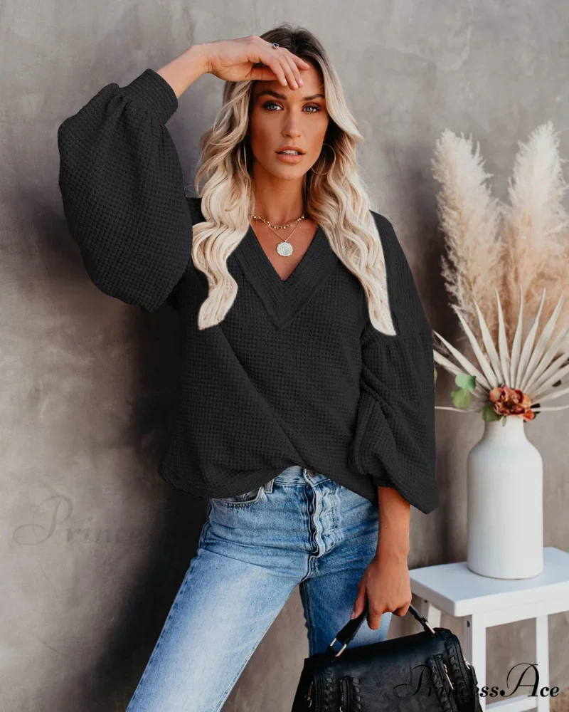 Autumn Knit V-Neck Long Lantern Sleeve Casual Sweater - Image 26