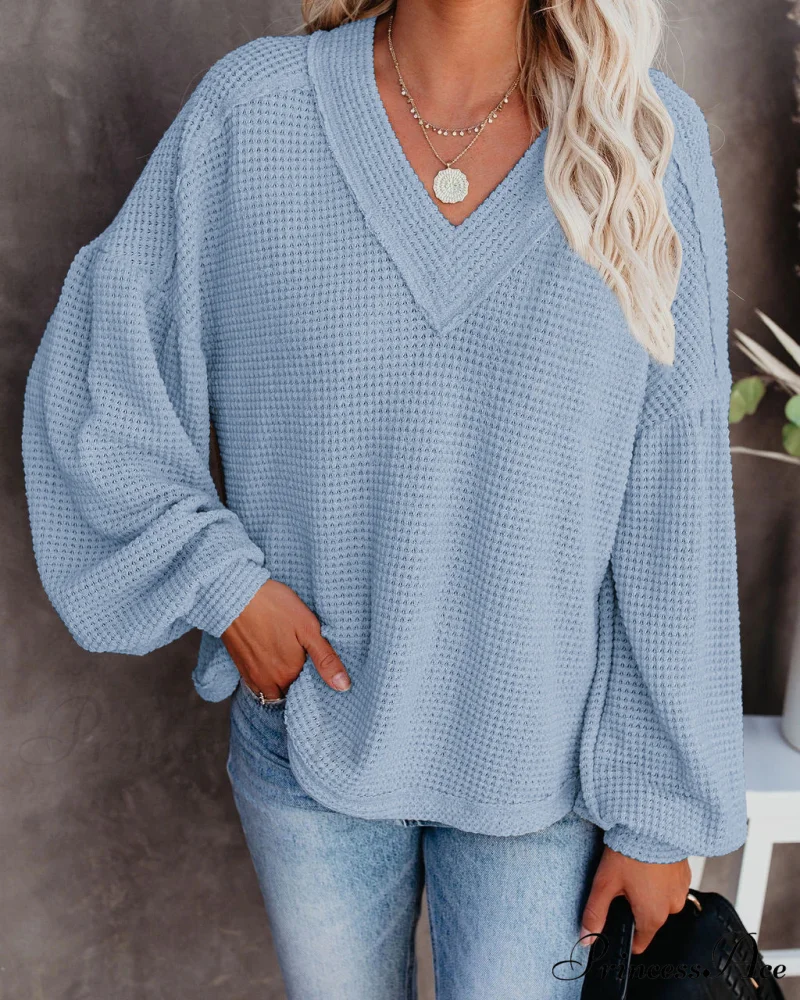 Autumn Knit V-Neck Long Lantern Sleeve Casual Sweater - Image 29