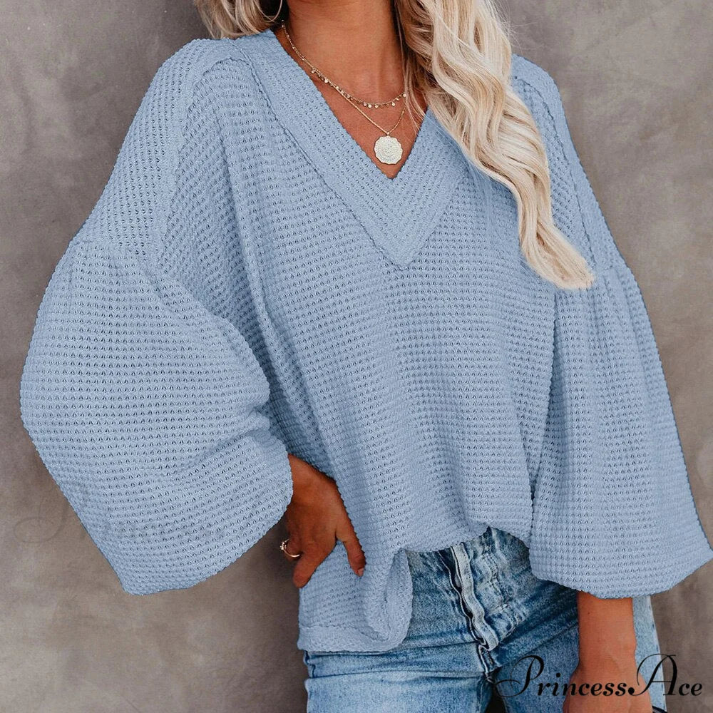Autumn Knit V-Neck Long Lantern Sleeve Casual Sweater - Image 3