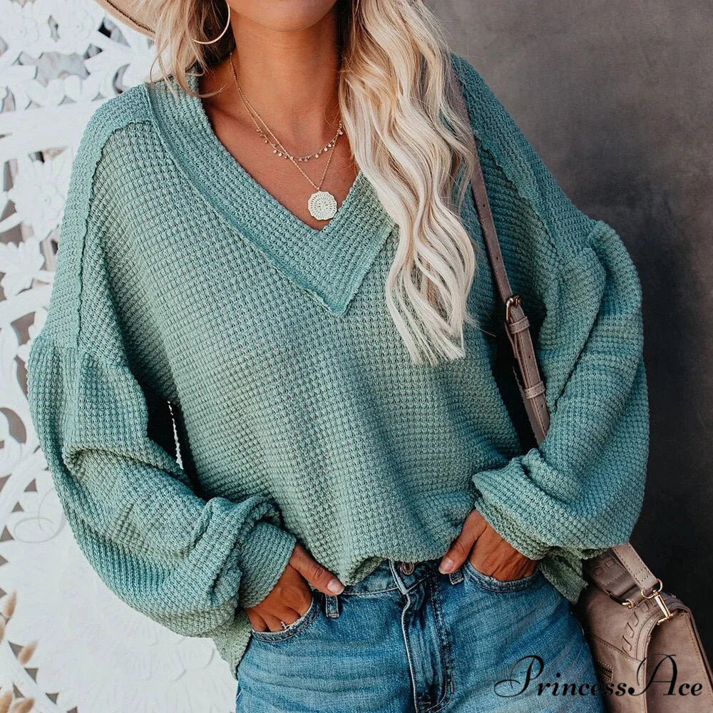 Autumn Knit V-Neck Long Lantern Sleeve Casual Sweater - Image 6
