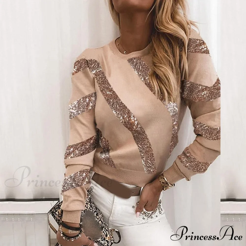 Plus Size O Neck Striped Sequin Long Sleeve T-shirt - Image 2