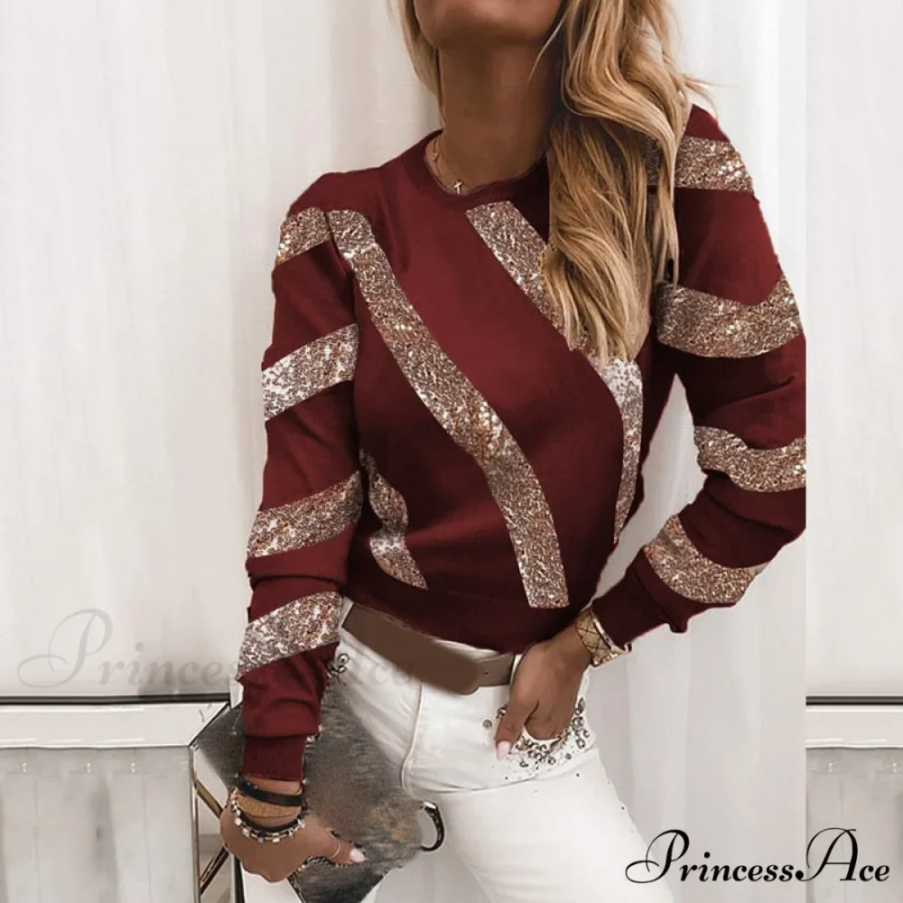 Plus Size O Neck Striped Sequin Long Sleeve T-shirt - Image 4