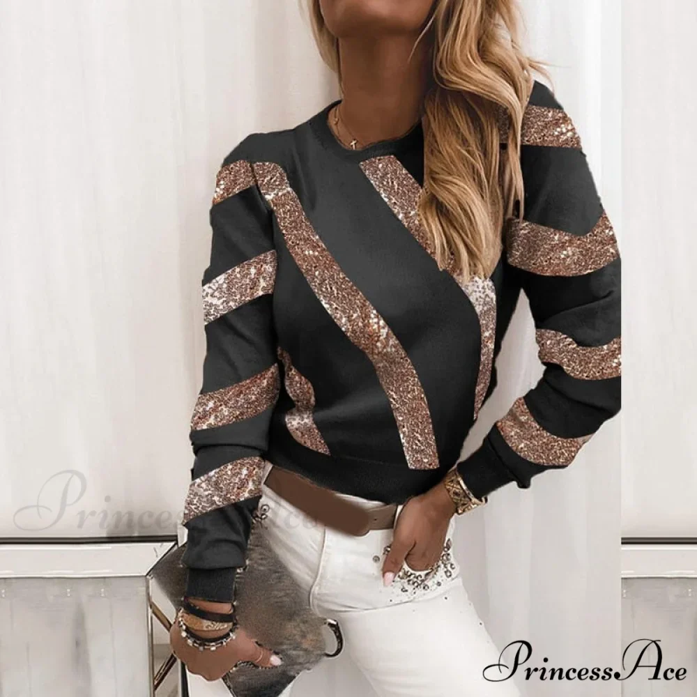 Plus Size O Neck Striped Sequin Long Sleeve T-shirt - Image 5