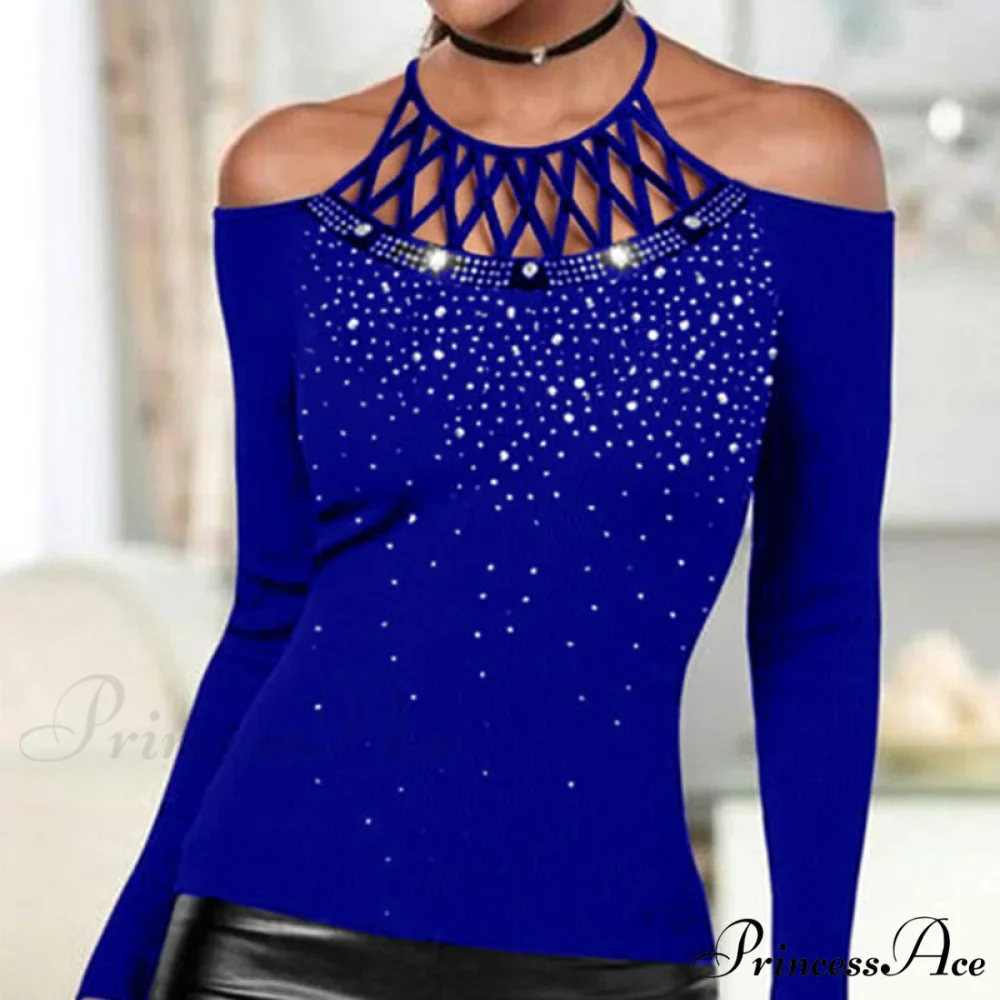 Plus Size Halter Sequins Off The Shoulder Long Sleeve T-shirt - Image 2