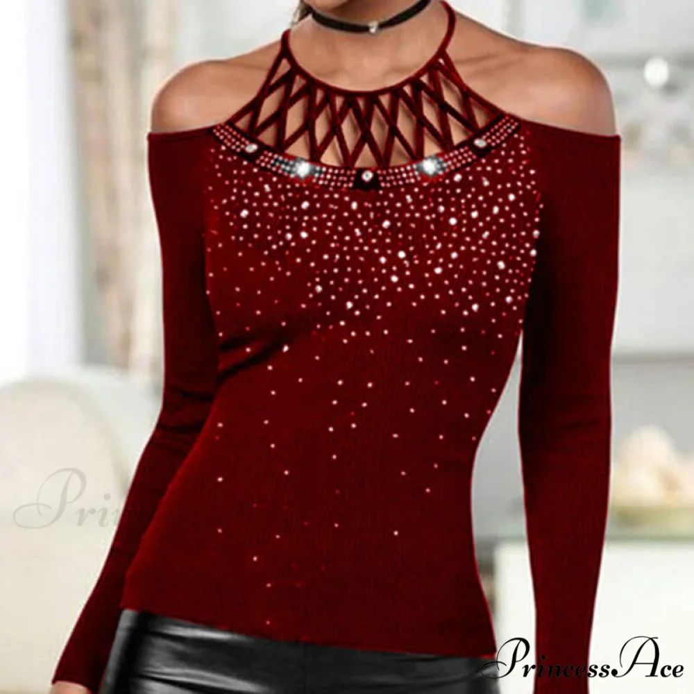 Plus Size Halter Sequins Off The Shoulder Long Sleeve T-shirt - Image 4