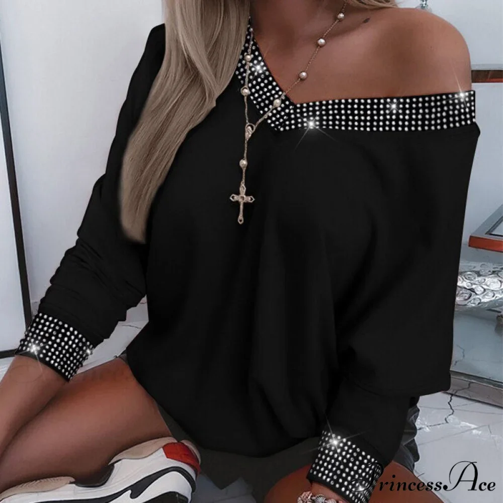 Oversized Y2K Rhinestone V-Neck Long Sleeve Casual Tee - Image 4