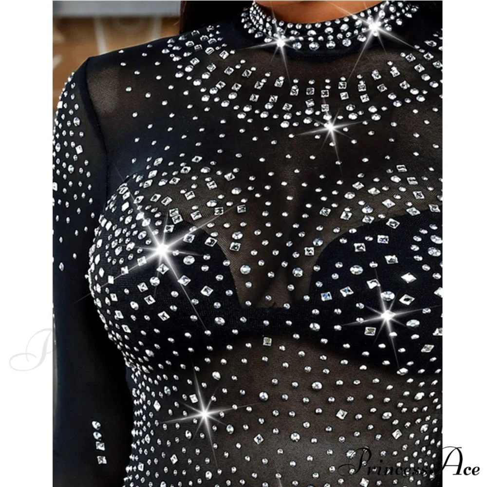 Long Sleeve Slim Fit Round Neck Diamonds Shine Blouse - Image 3