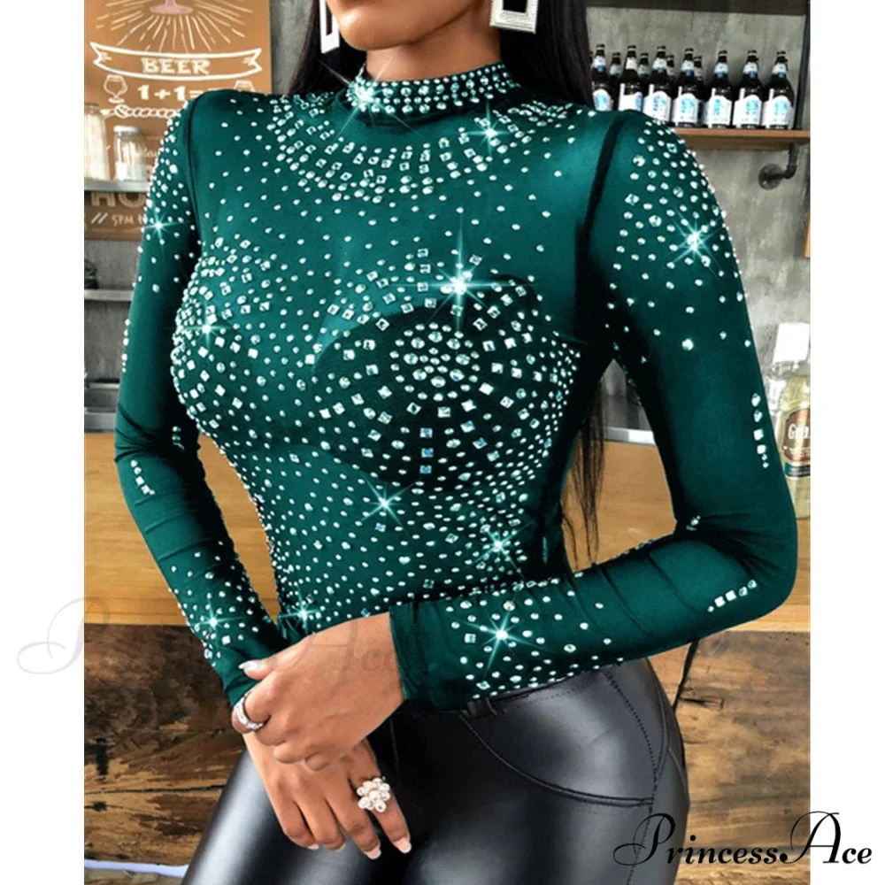 Long Sleeve Slim Fit Round Neck Diamonds Shine Blouse - Image 5