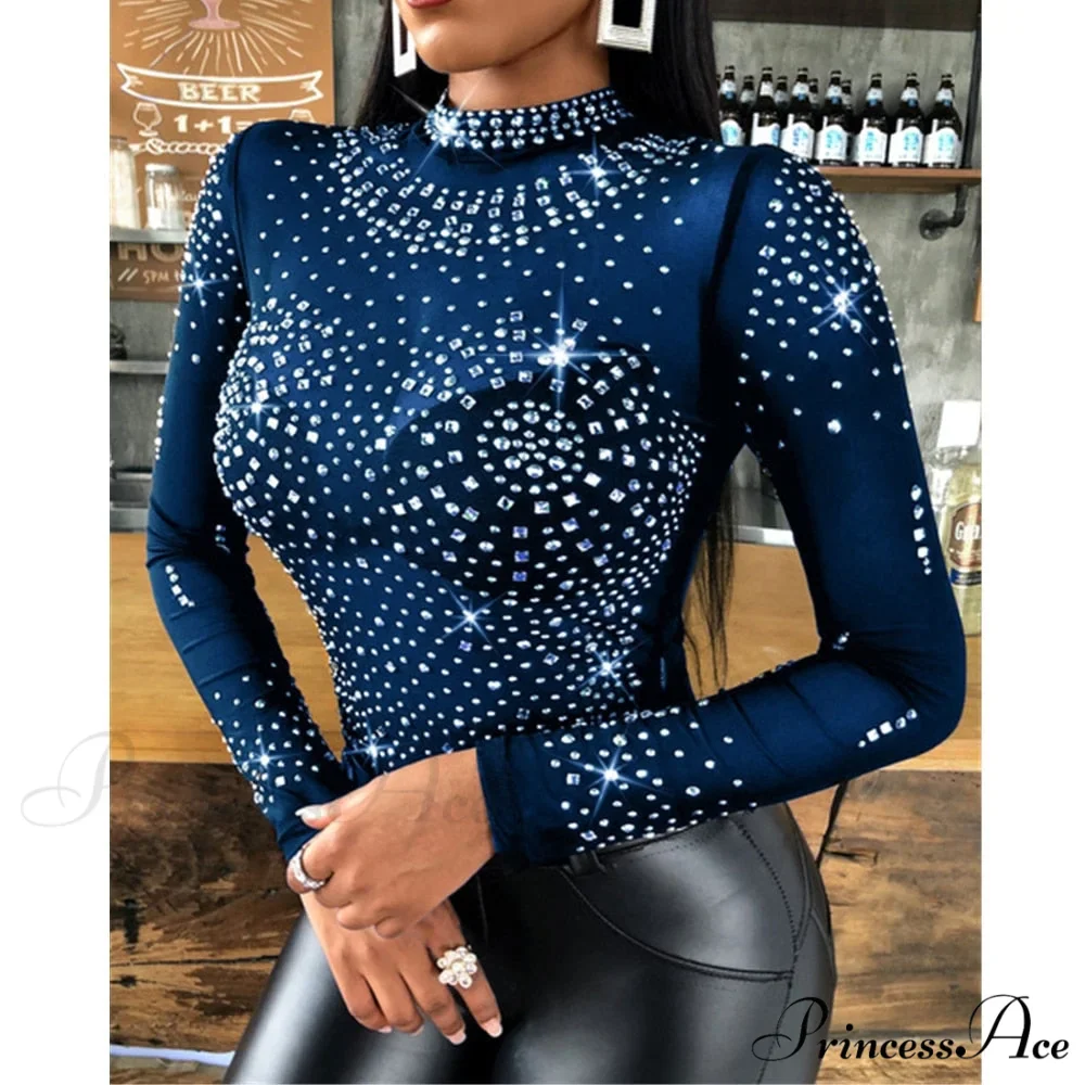Long Sleeve Slim Fit Round Neck Diamonds Shine Blouse - Image 6