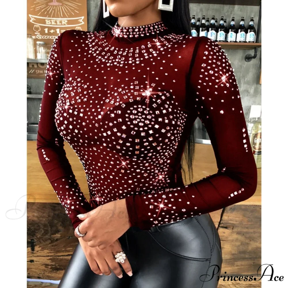 Long Sleeve Slim Fit Round Neck Diamonds Shine Blouse - Image 8