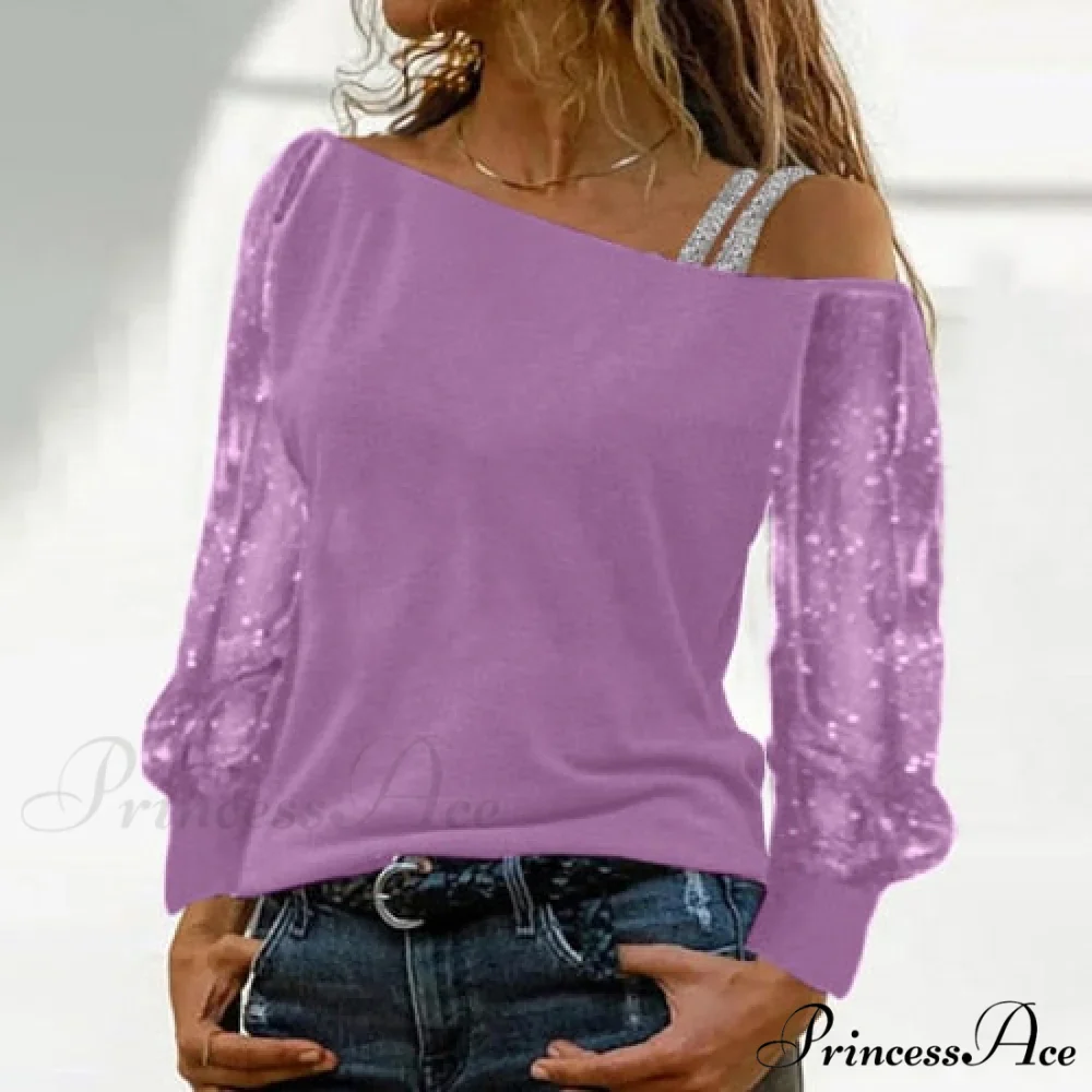 Long Sleeves Skew Collar Off Shoulder Patchwork Diamond Lace Blouse - Image 11