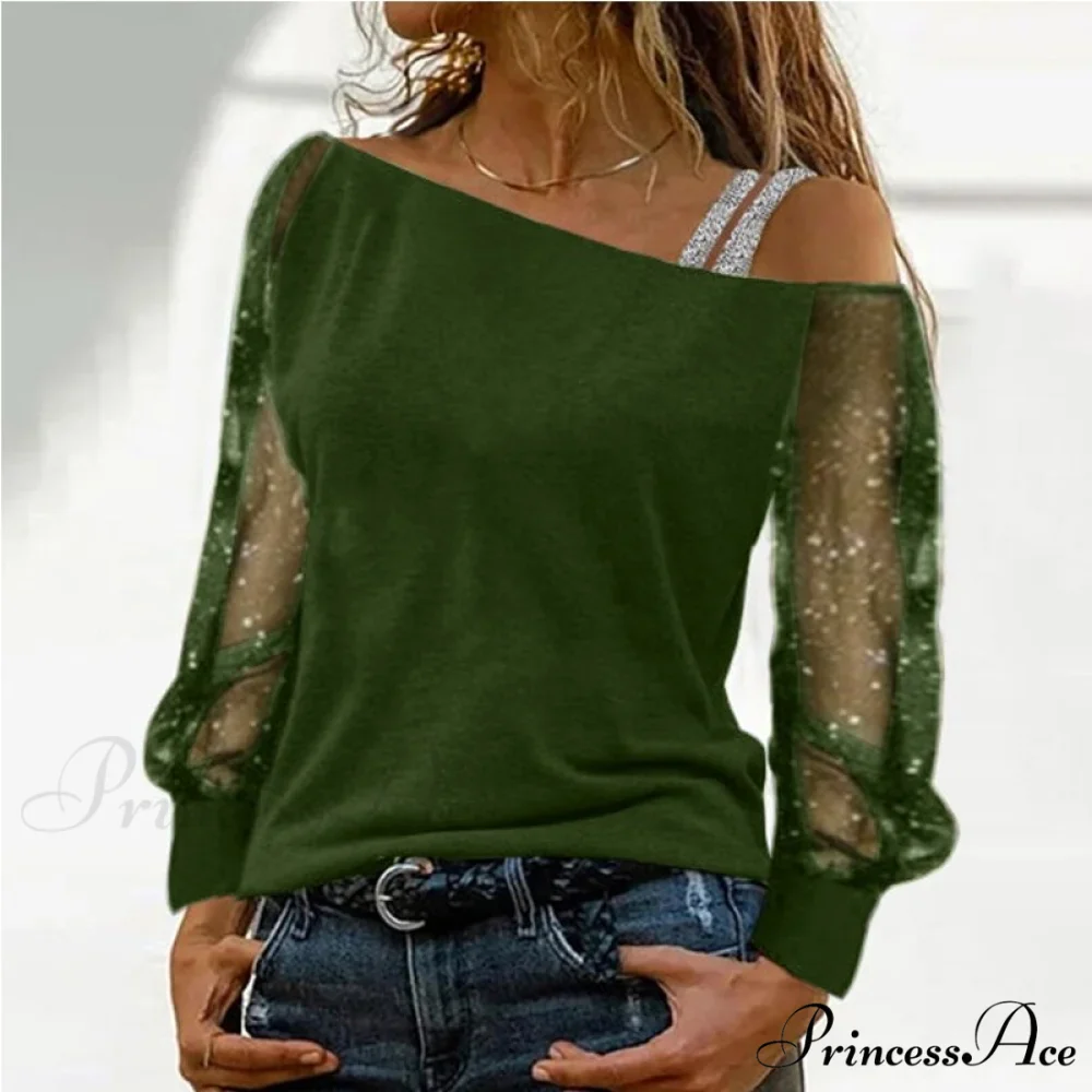 Long Sleeves Skew Collar Off Shoulder Patchwork Diamond Lace Blouse - Image 5
