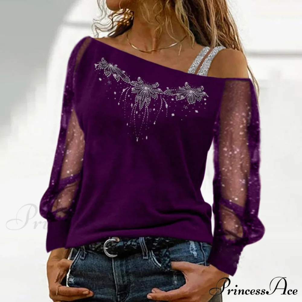 Long Sleeves Skew Collar Off Shoulder Patchwork Diamond Lace Blouse - Image 6