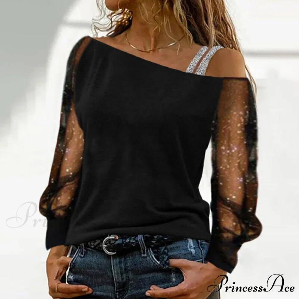 Long Sleeves Skew Collar Off Shoulder Patchwork Diamond Lace Blouse - Image 8