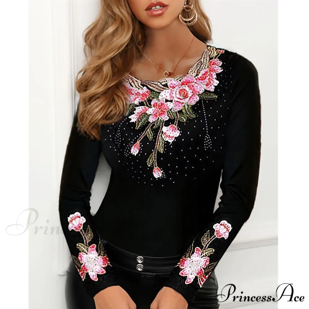 Long Sleeve Slim Mesh Lace Diamonds Decor Tee - Image 14