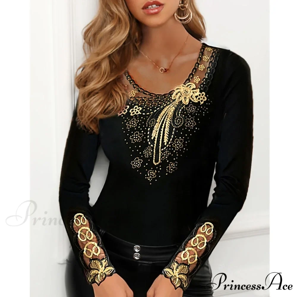 Long Sleeve Slim Mesh Lace Diamonds Decor Tee - Image 16