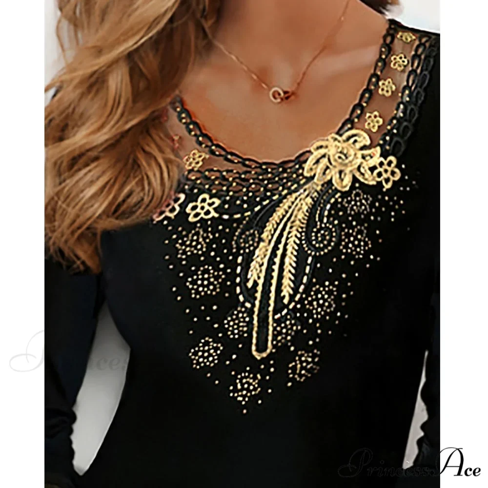 Long Sleeve Slim Mesh Lace Diamonds Decor Tee - Image 17