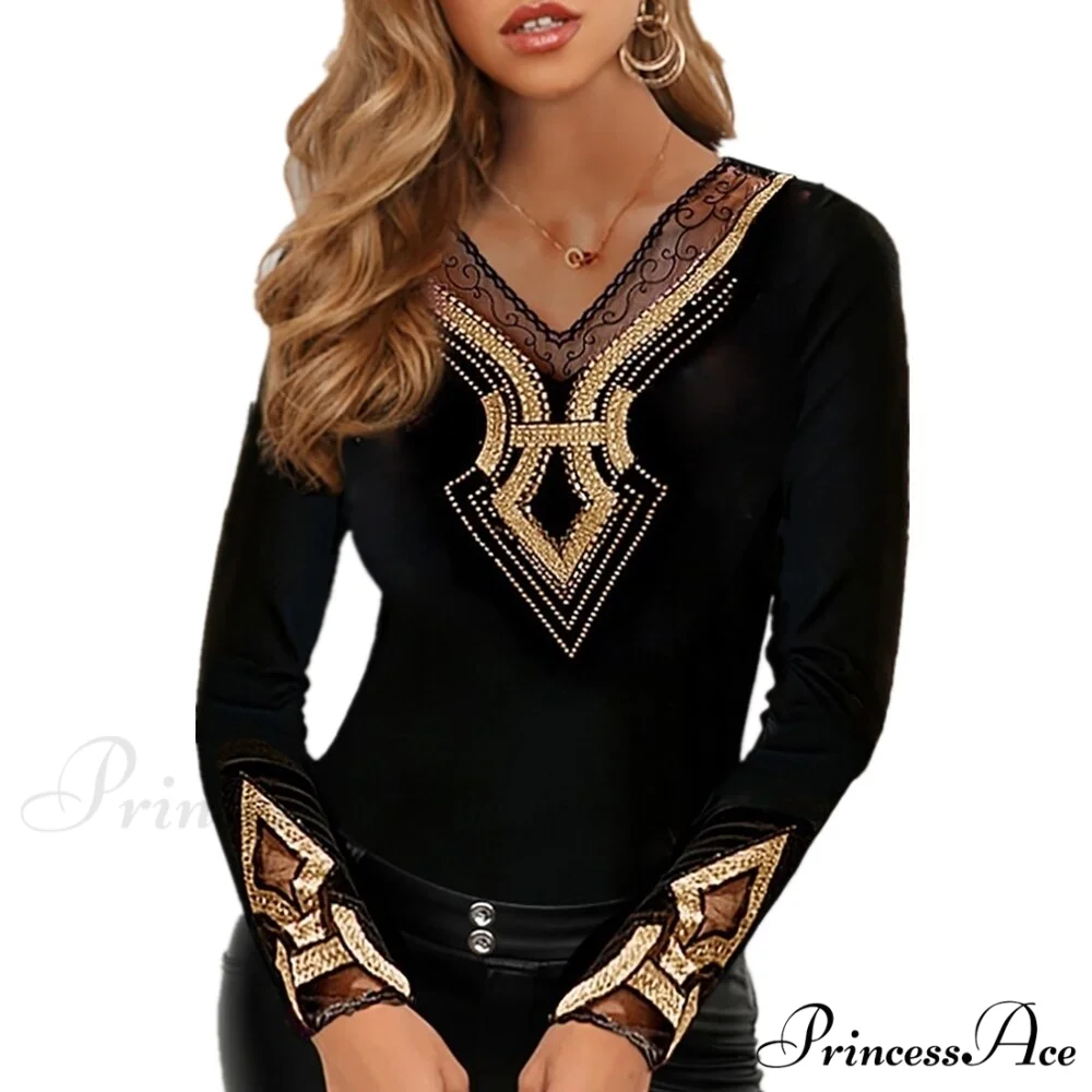 Long Sleeve Slim Mesh Lace Diamonds Decor Tee - Image 21