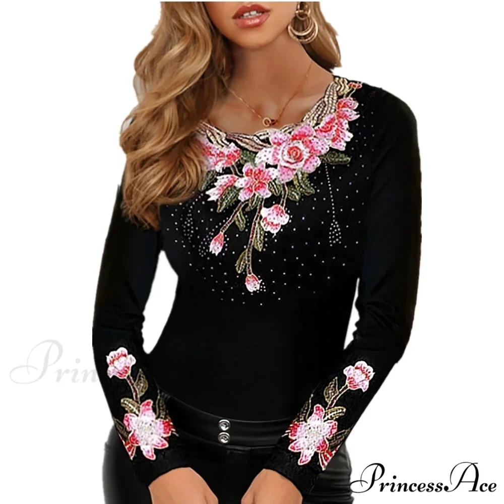 Long Sleeve Slim Mesh Lace Diamonds Decor Tee - Image 22