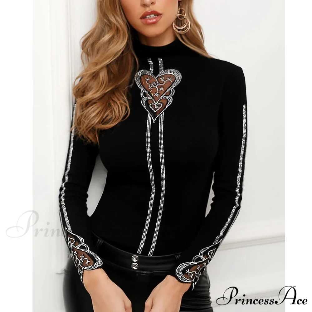 Long Sleeve Slim Mesh Lace Diamonds Decor Tee - Image 4