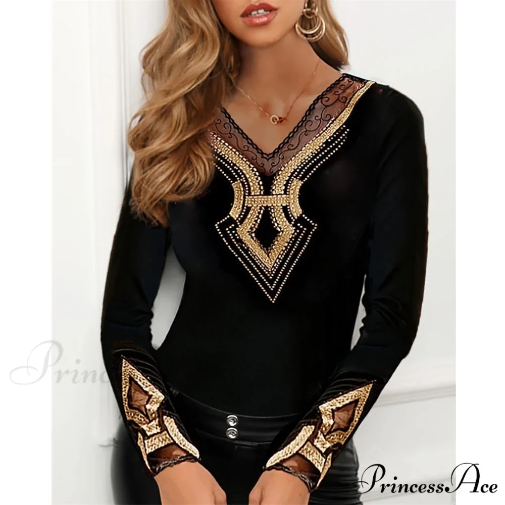 Long Sleeve Slim Mesh Lace Diamonds Decor Tee - Image 6