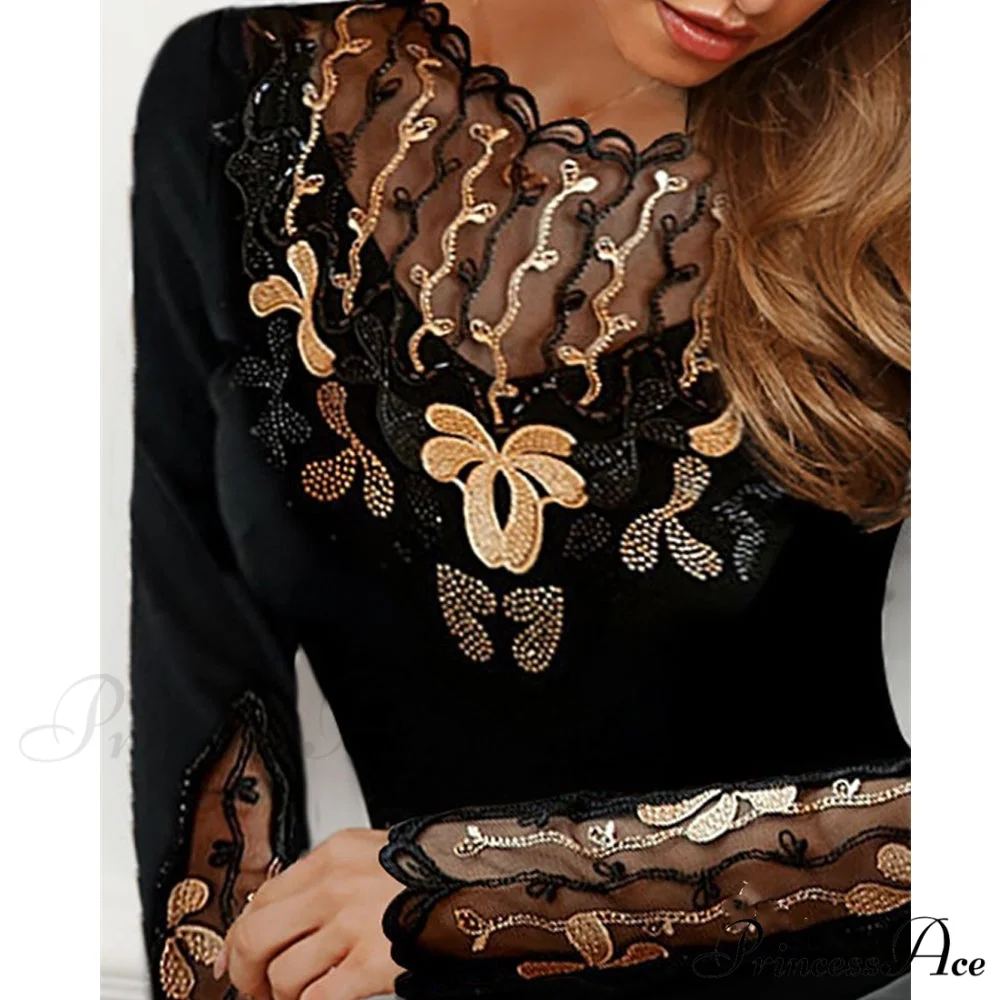 Long Sleeve Slim Mesh Lace Diamonds Decor Tee - Image 9