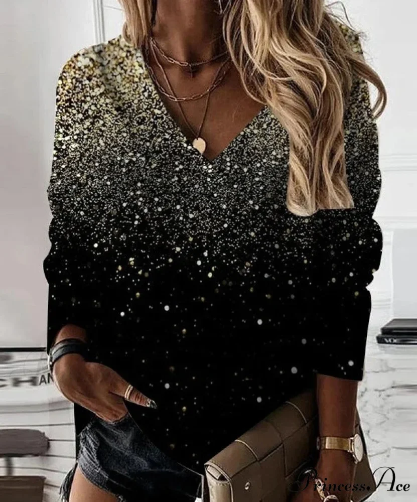 Loose V-neck Sequined Long Sleeve Pullover - Image 2