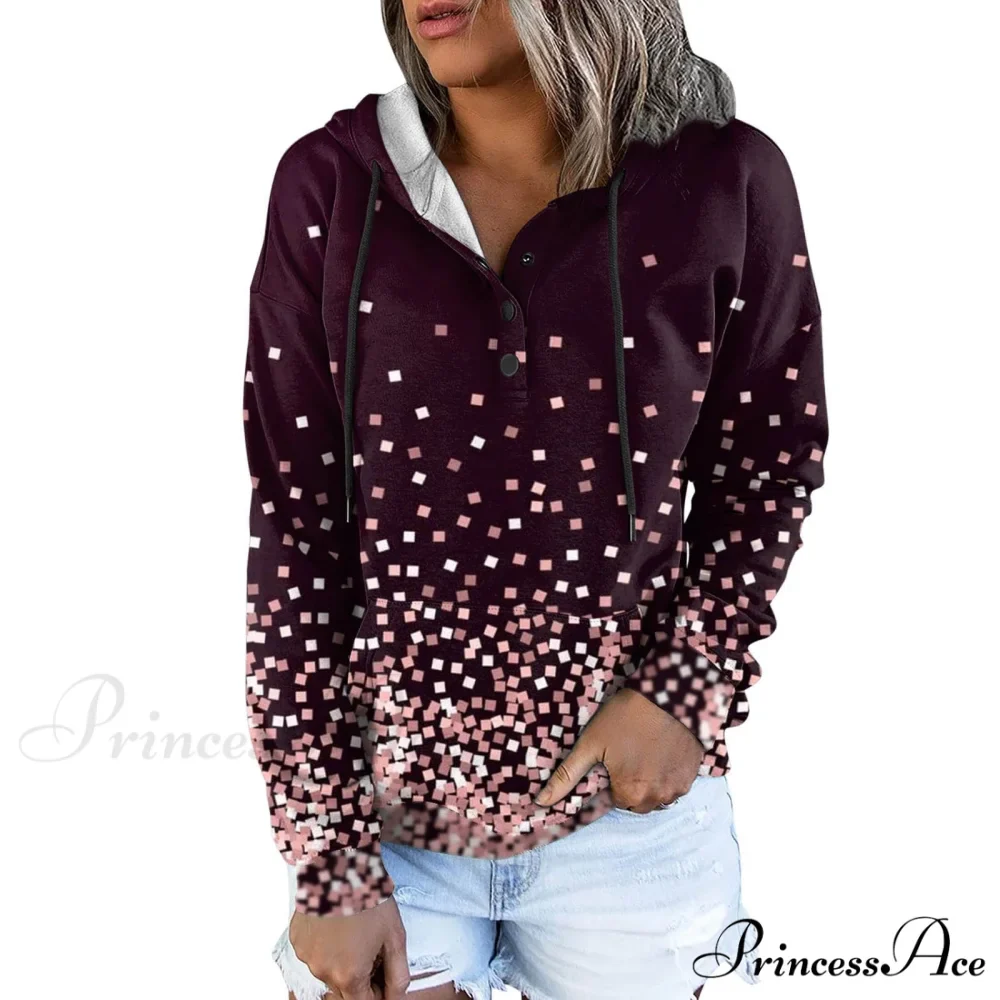 Casual Drawstring Button Sequins Printed Hooded Sweatshirts - Image 5