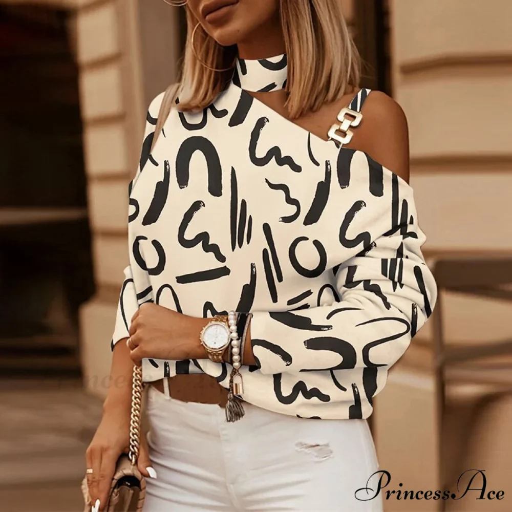 Off Shoulder Sequins Printed Long Sleeve Slash Neck Pullover - Image 13