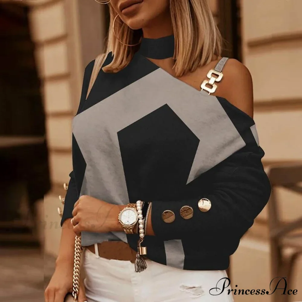 Off Shoulder Sequins Printed Long Sleeve Slash Neck Pullover - Image 5