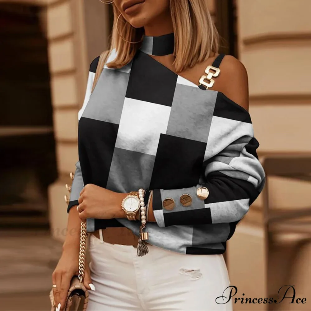 Off Shoulder Sequins Printed Long Sleeve Slash Neck Pullover - Image 7